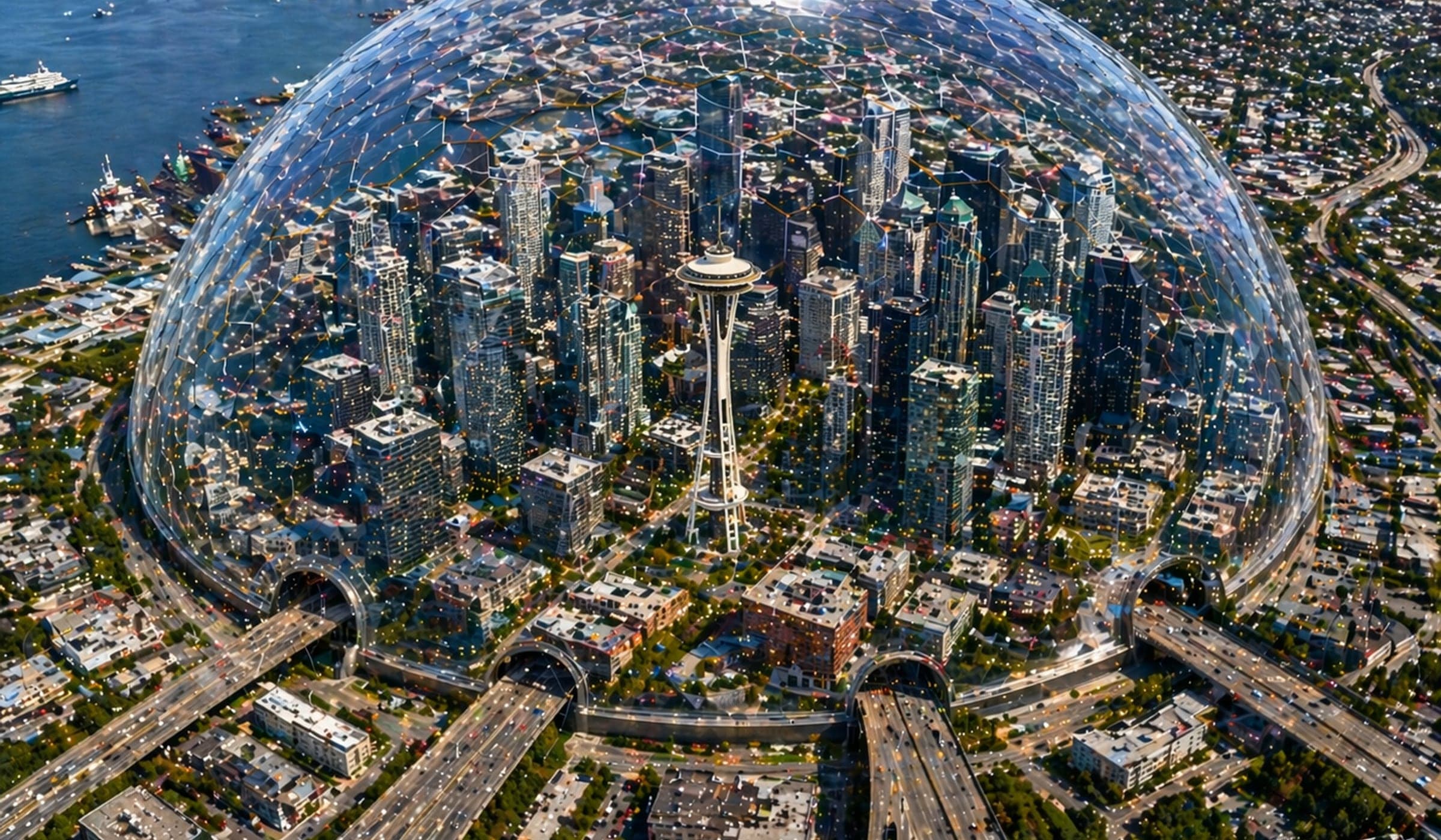 Seattle Center landmark at golden hour